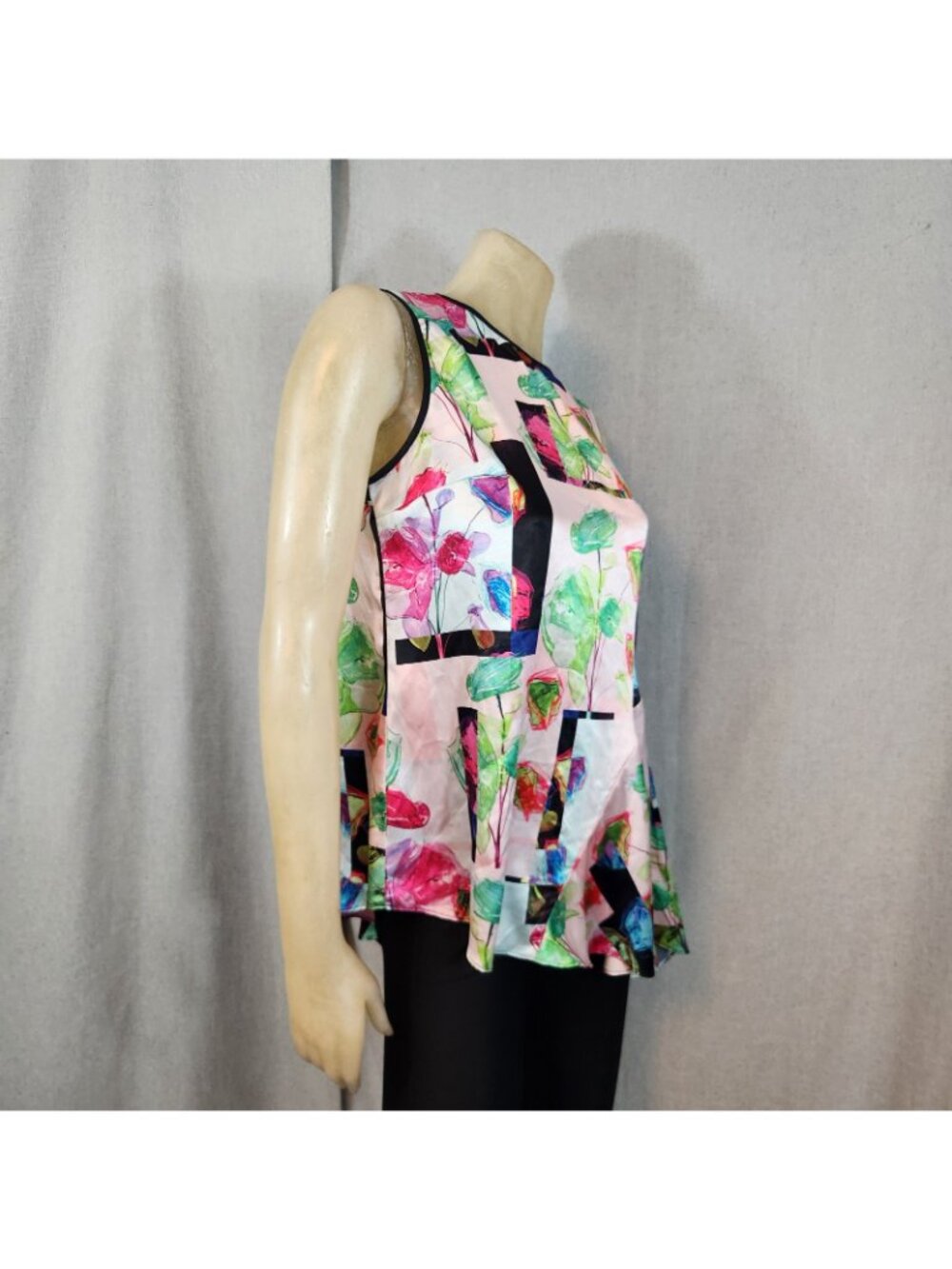 Clover Canyon Abstract Floral Pink Crew Neck Slvlss Assym Blouse Top Shirt LARGE - Picture 3 of 8